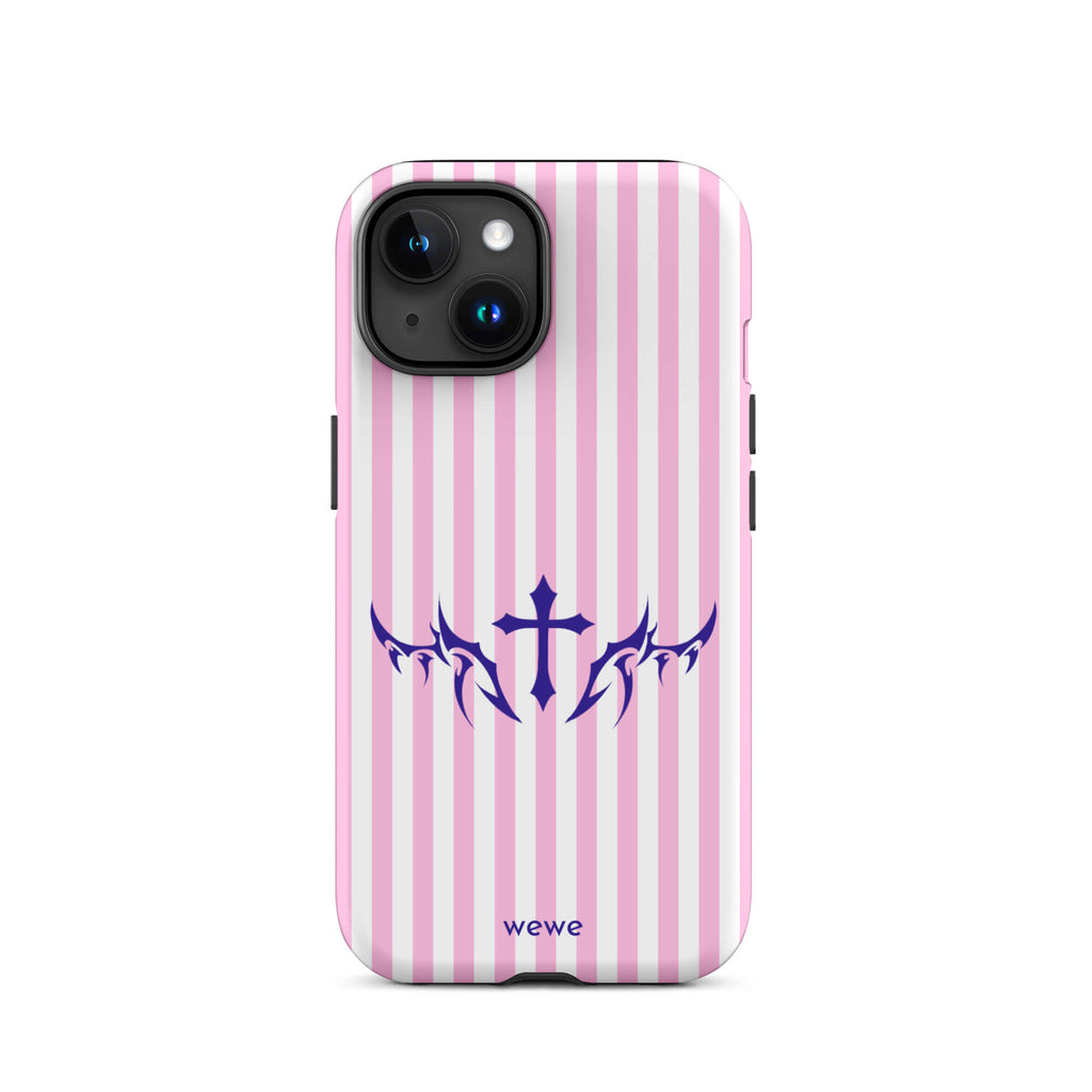 Custom iPhone case 15 with vertical pink and white stripes, blue tribal cross design.