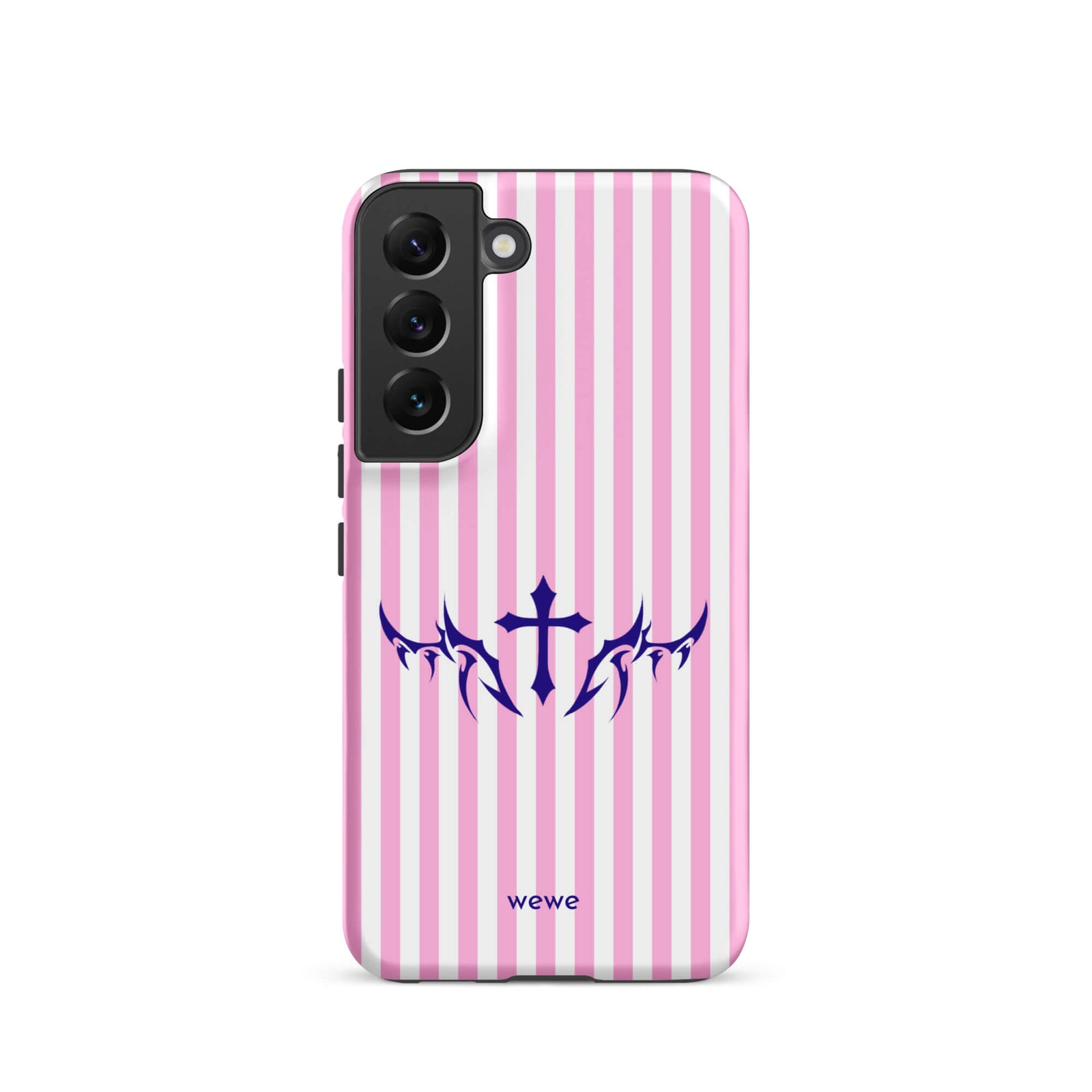 Custom samsunng galaxy s22  Phone case with vertical pink and white stripes, blue tribal cross design.