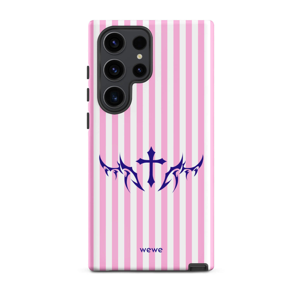 Custom samsunng galaxy s23 ultra  Phone case with vertical pink and white stripes, blue tribal cross design.