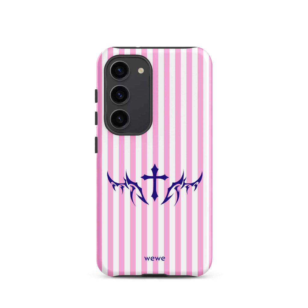 Custom samsunng galaxy s23  Phone case with vertical pink and white stripes, blue tribal cross design.
