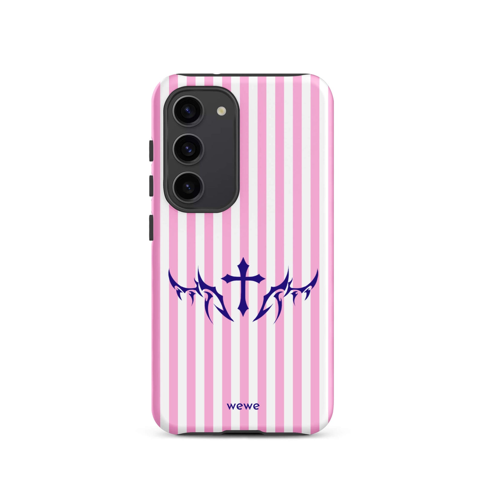 Custom samsunng galaxy s23  Phone case with vertical pink and white stripes, blue tribal cross design.