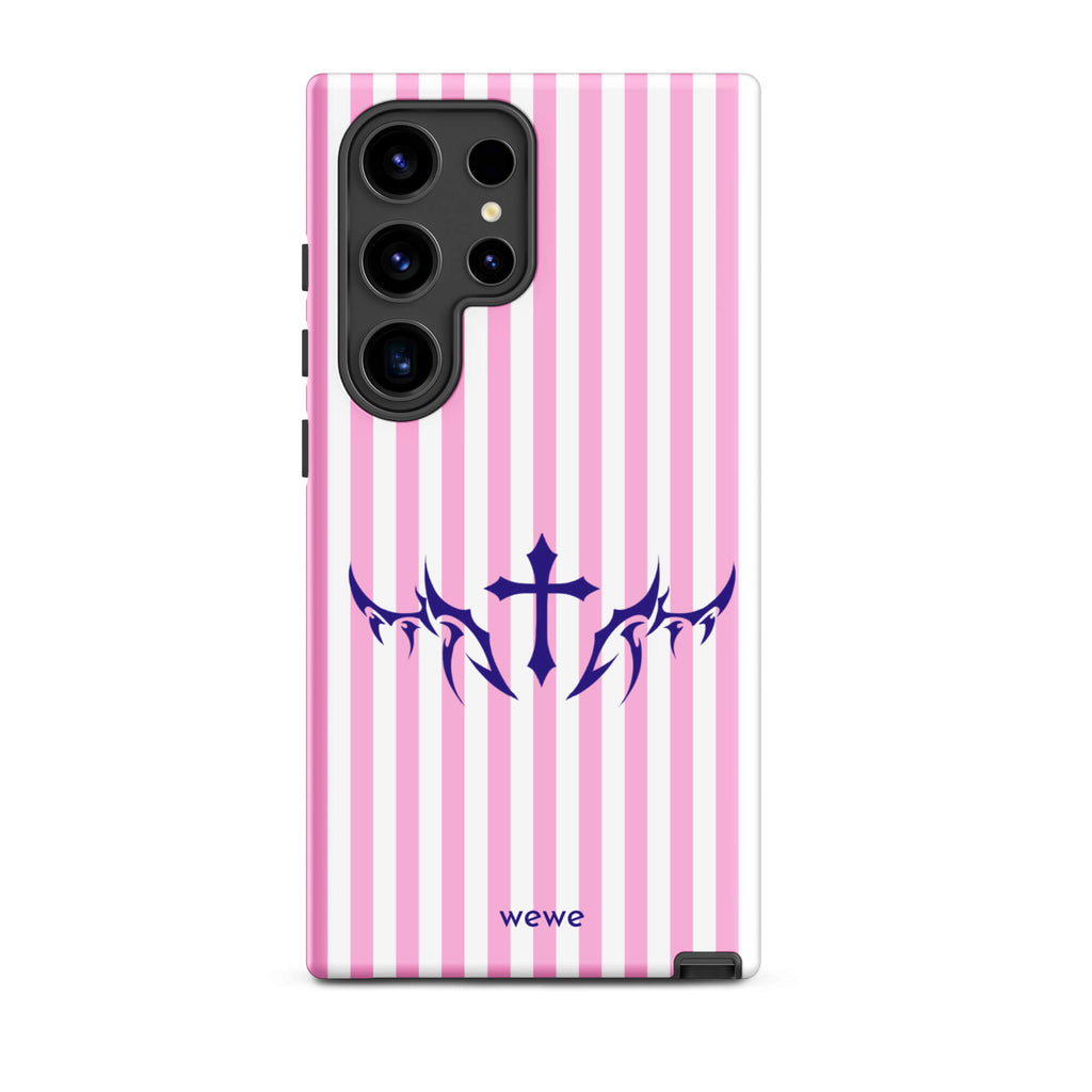 Custom samsunng galaxy s24 ultra  Phone case with vertical pink and white stripes, blue tribal cross design.