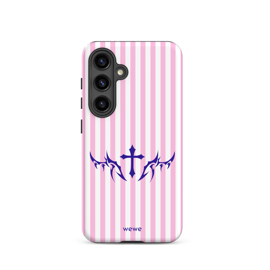 Custom samsunng galaxy s24  Phone case with vertical pink and white stripes, blue tribal cross design.