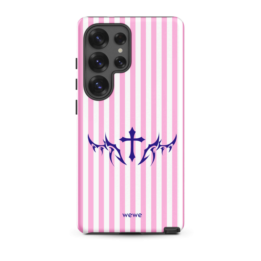 Custom samsunng galaxy s25 ultra  Phone case with vertical pink and white stripes, blue tribal cross design.