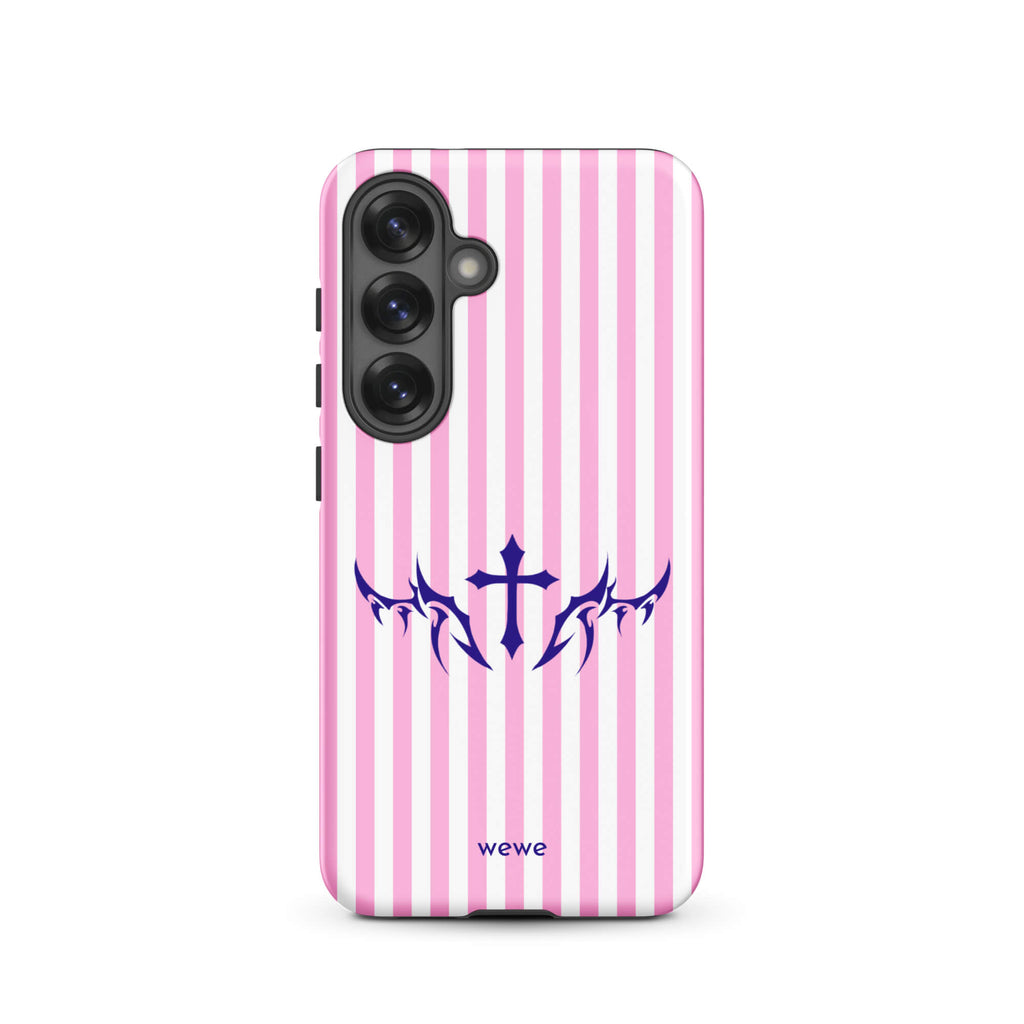 Custom samsunng galaxy s25 Phone case with vertical pink and white stripes, blue tribal cross design.