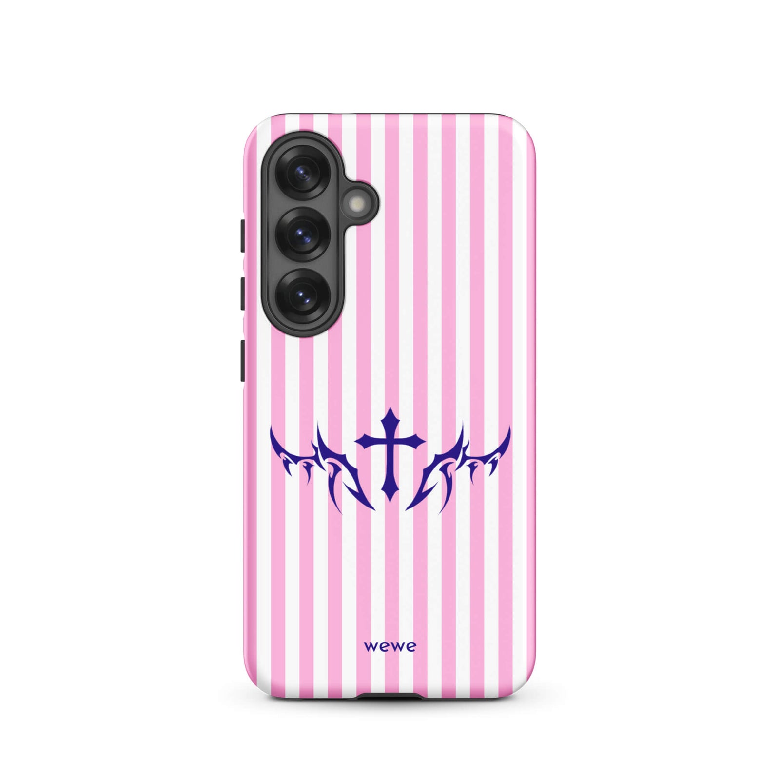 Custom samsunng galaxy s25 Phone case with vertical pink and white stripes, blue tribal cross design.