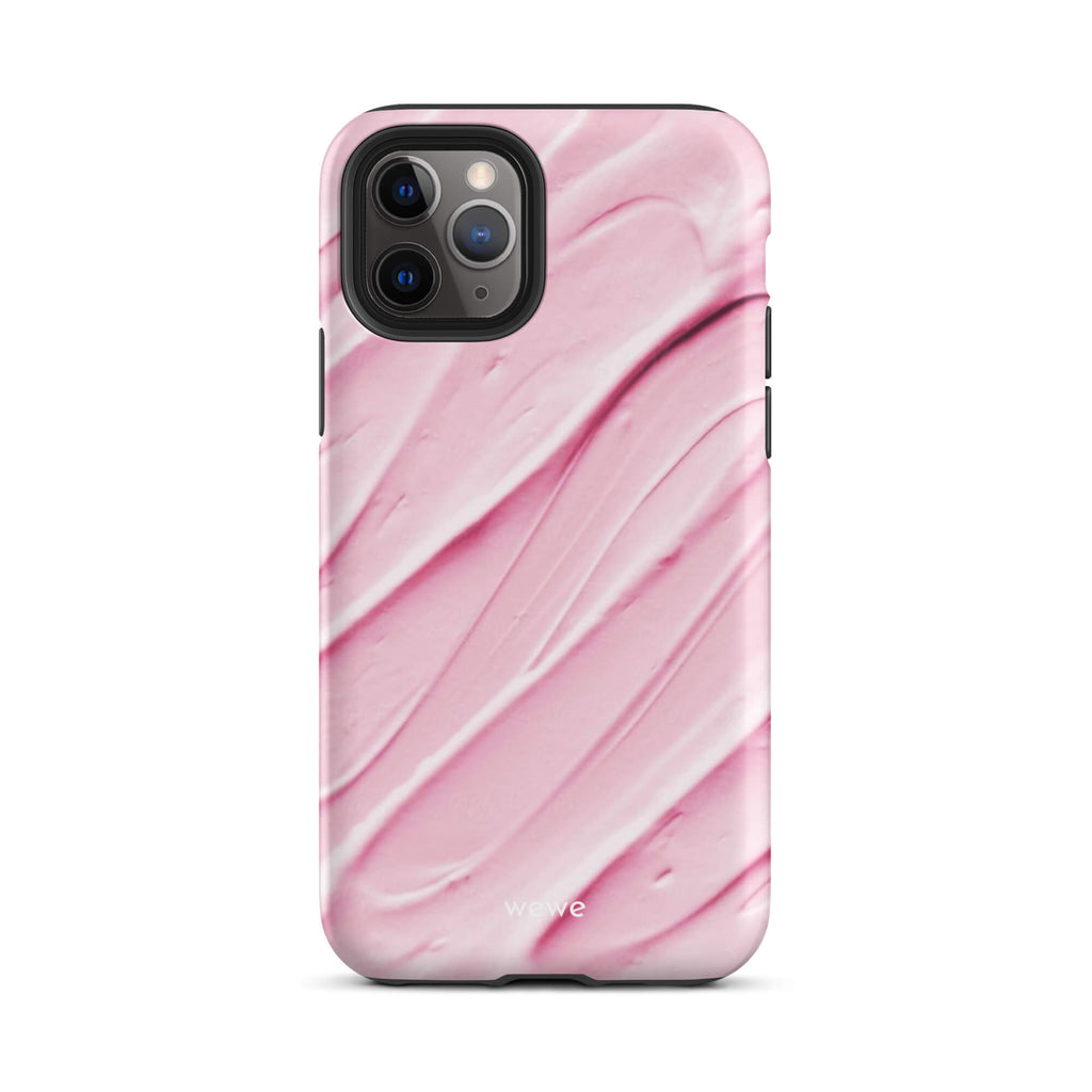 Custom iPhone case 11 pro with a close-up, macro photo of a textured, light pink and white liquid swirl pattern.