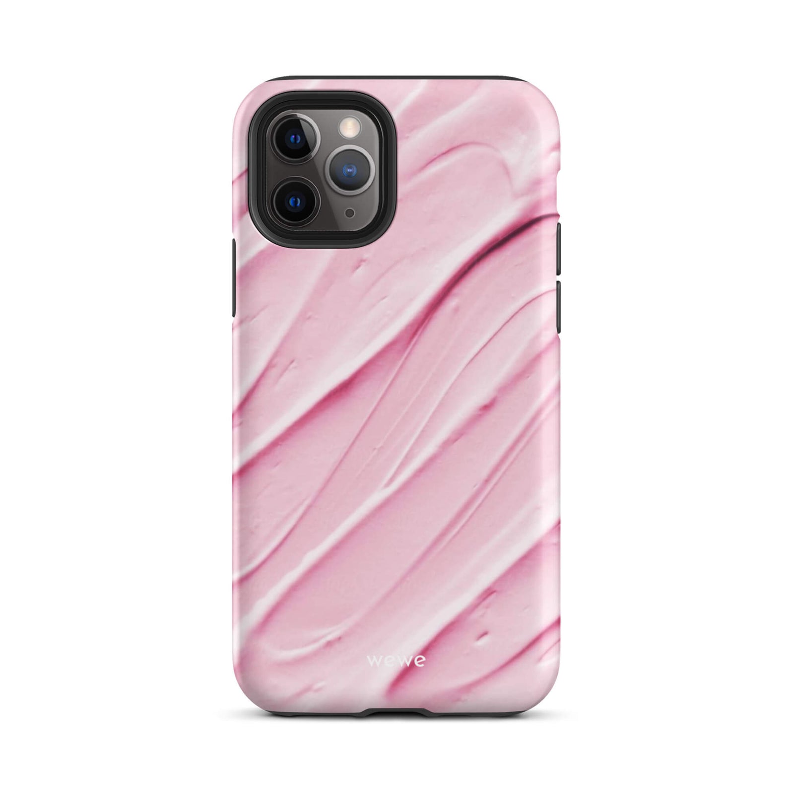 Custom iPhone case 11 pro with a close-up, macro photo of a textured, light pink and white liquid swirl pattern.