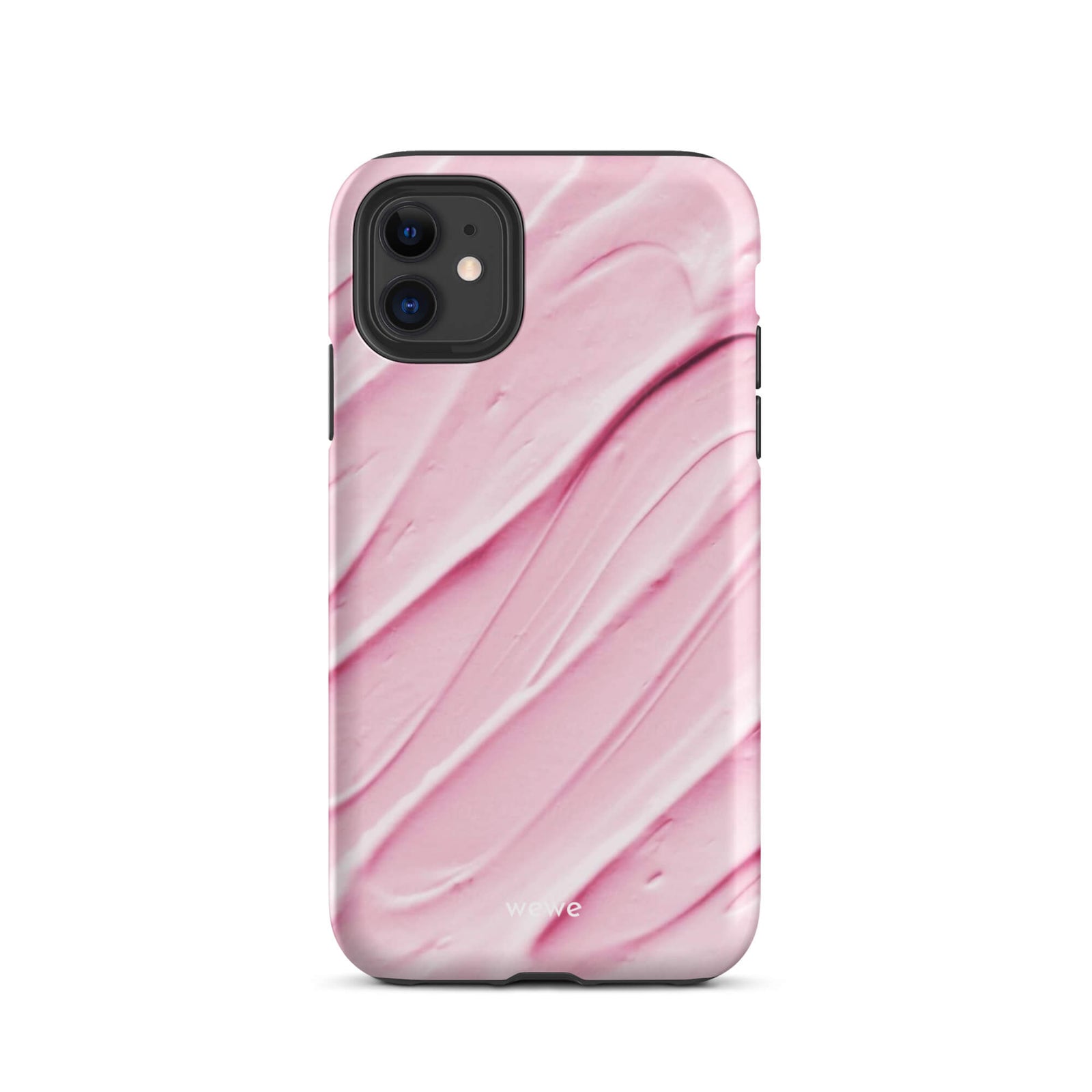 Custom iPhone case 11 with a close-up, macro photo of a textured, light pink and white liquid swirl pattern.