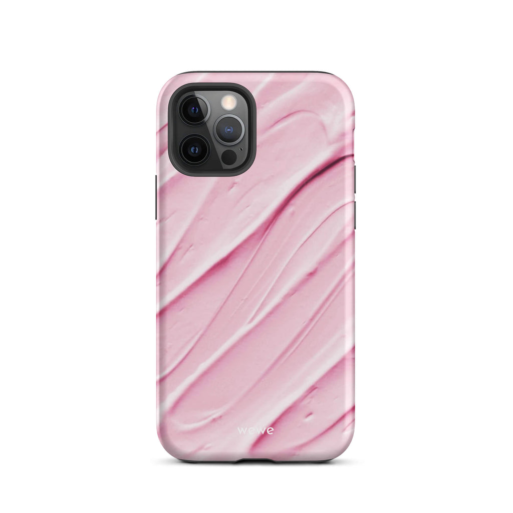 Custom iPhone case 12 pro with a close-up, macro photo of a textured, light pink and white liquid swirl pattern.