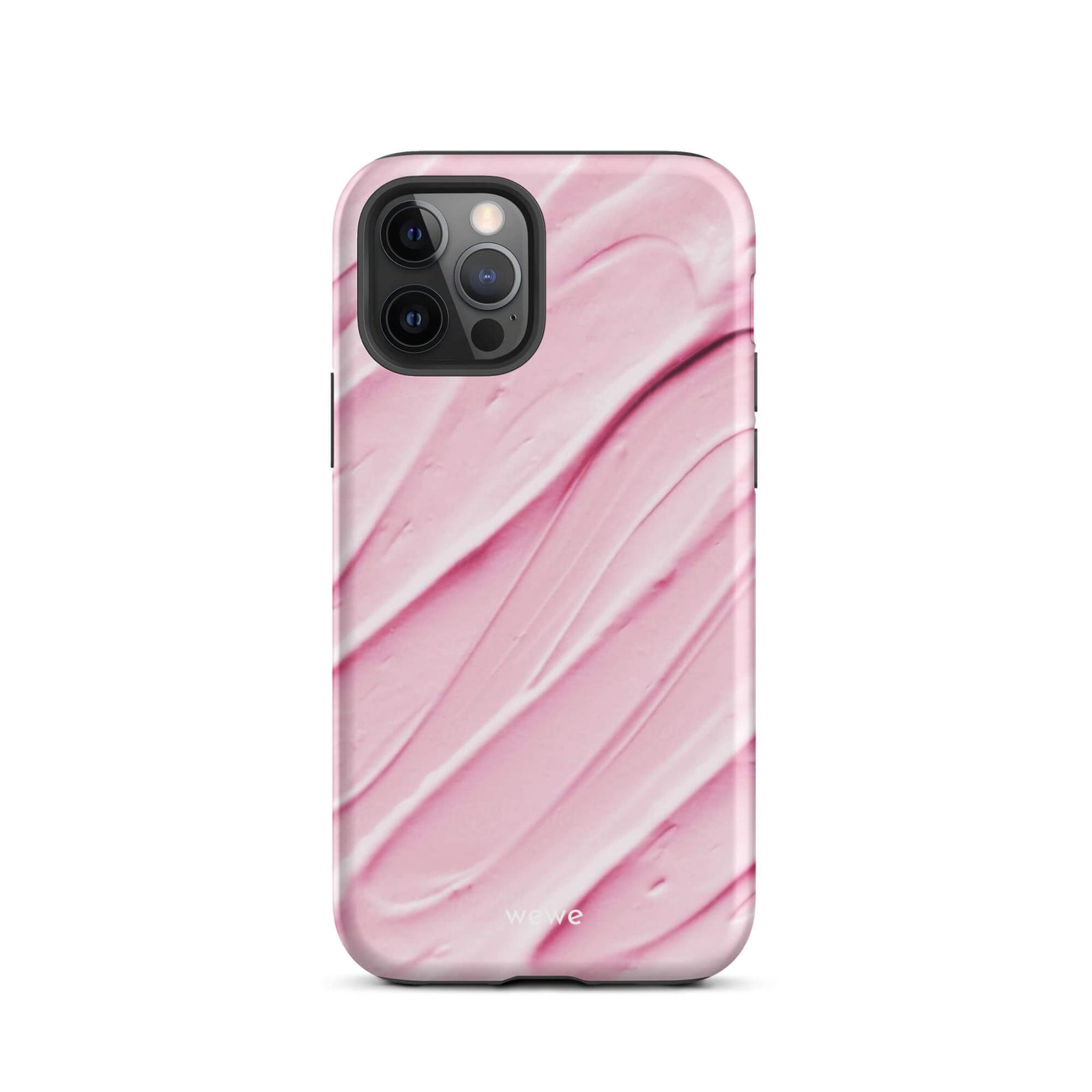 Custom iPhone case 12 pro with a close-up, macro photo of a textured, light pink and white liquid swirl pattern.