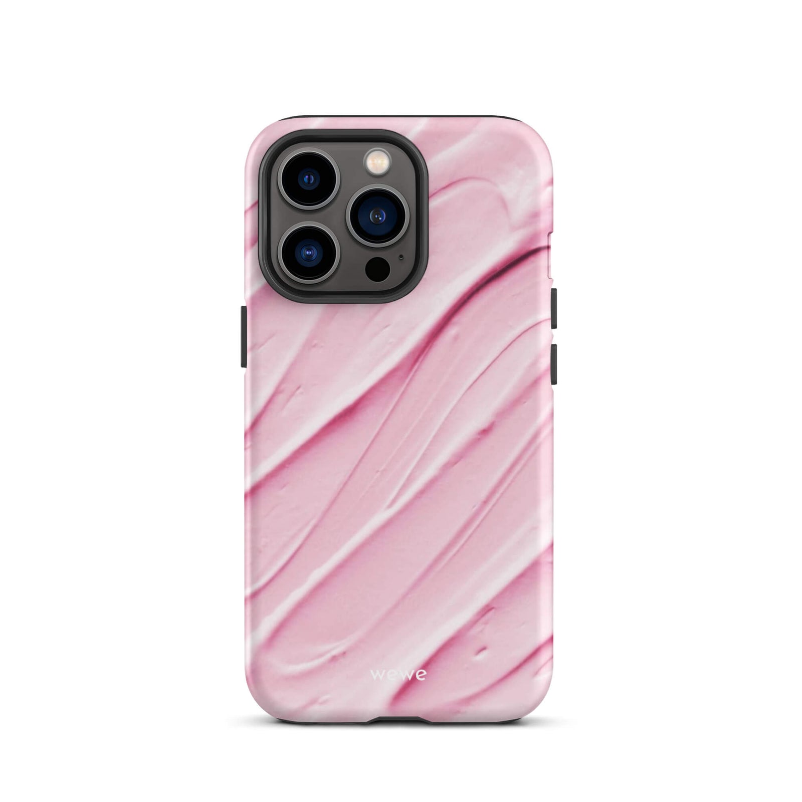 Custom iPhone case 13 pro with a close-up, macro photo of a textured, light pink and white liquid swirl pattern.
