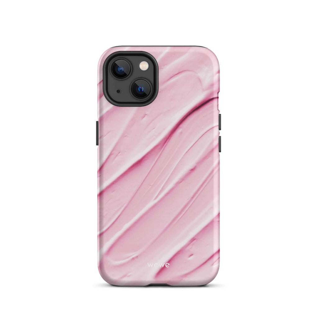 Custom iPhone case 13 with a close-up, macro photo of a textured, light pink and white liquid swirl pattern.