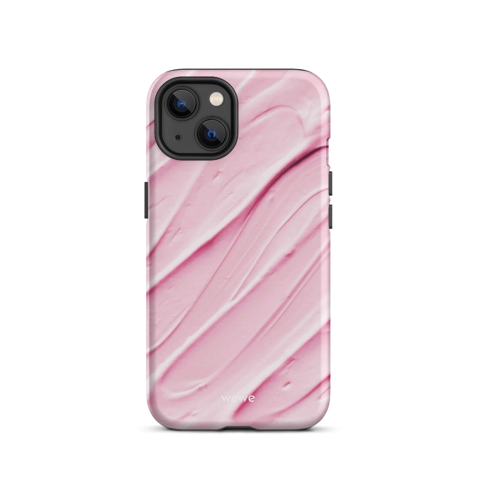 Custom iPhone case 13 with a close-up, macro photo of a textured, light pink and white liquid swirl pattern.