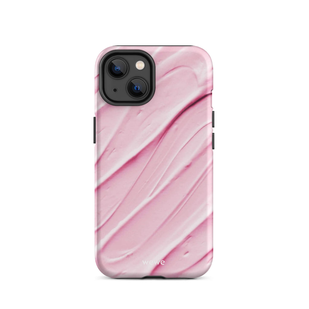 Custom iPhone case 14 with a close-up, macro photo of a textured, light pink and white liquid swirl pattern.