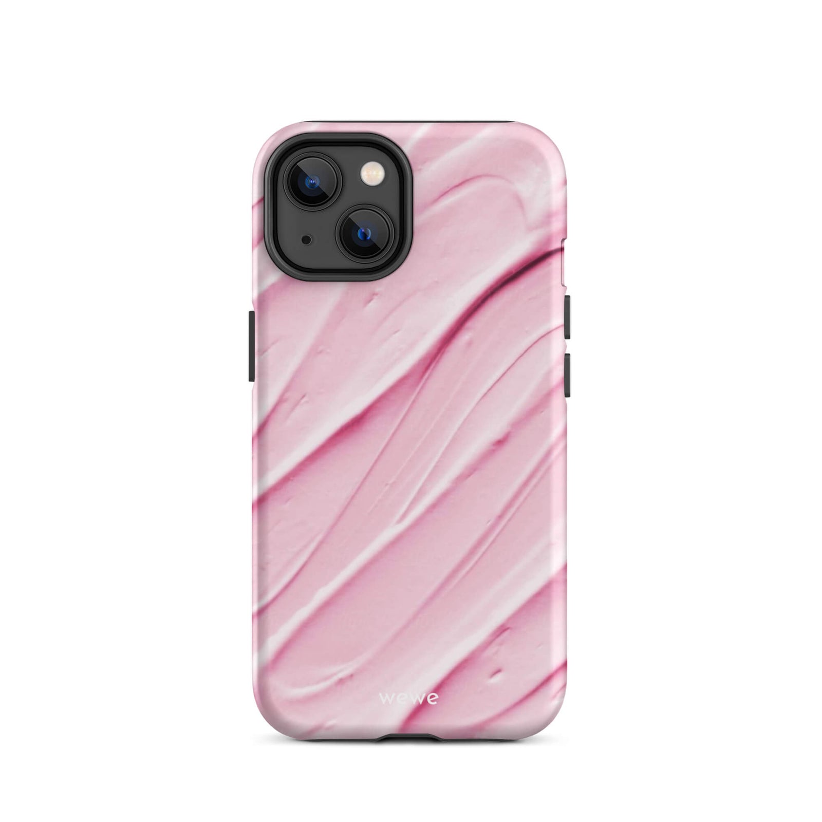 Custom iPhone case 14 with a close-up, macro photo of a textured, light pink and white liquid swirl pattern.