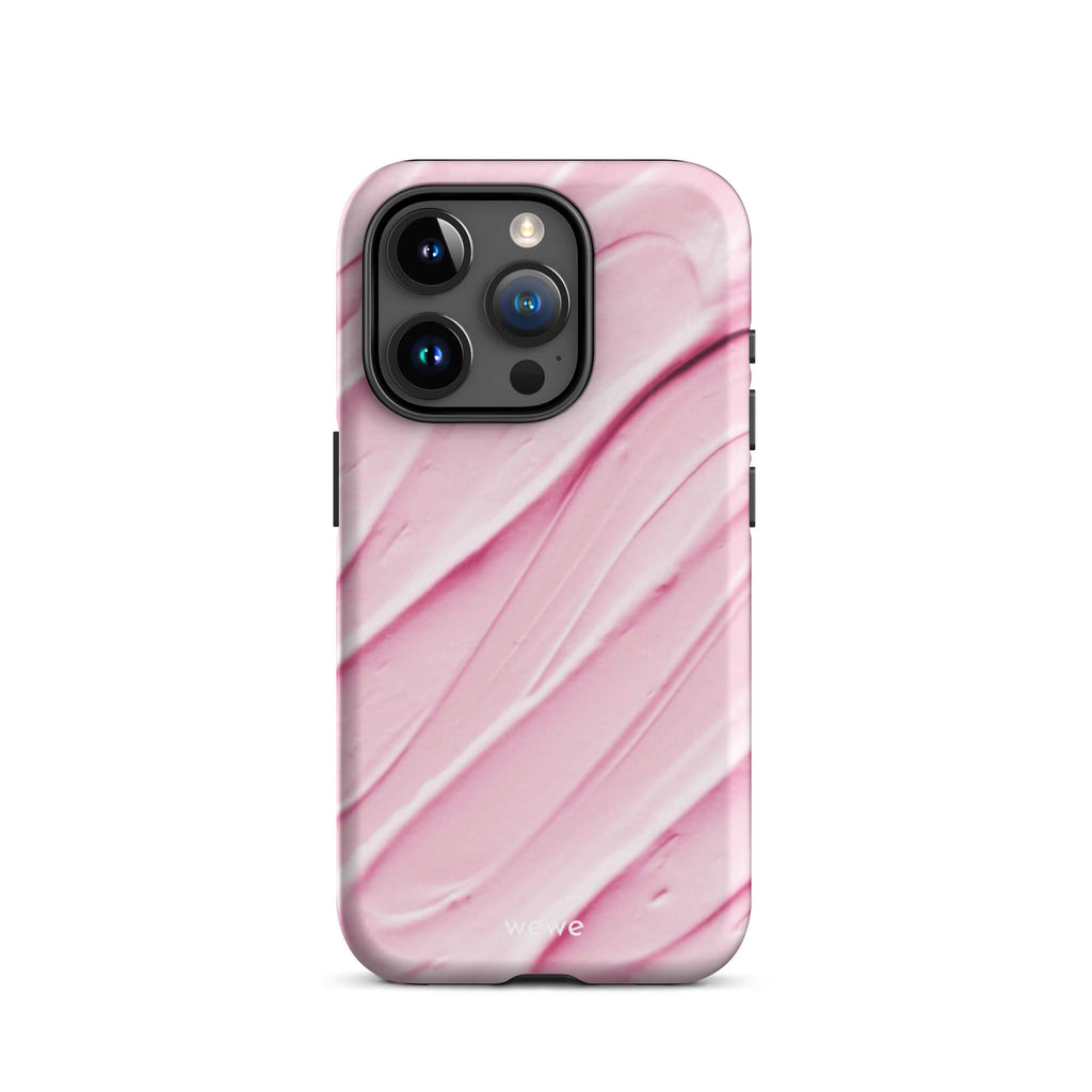 Custom iPhone case 15 pro with a close-up, macro photo of a textured, light pink and white liquid swirl pattern.