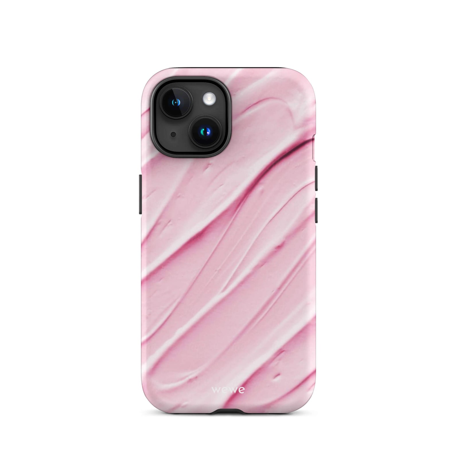 Custom iPhone case 15 with a close-up, macro photo of a textured, light pink and white liquid swirl pattern.