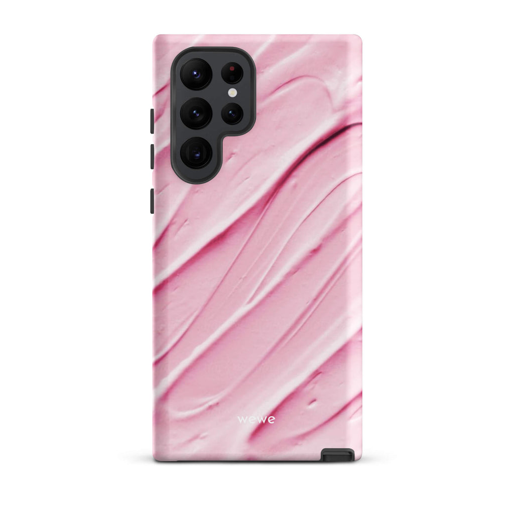 Custom samsung galaxy s22 ultra Phone case with a close-up, macro photo of a textured, light pink and white liquid swirl pattern.
