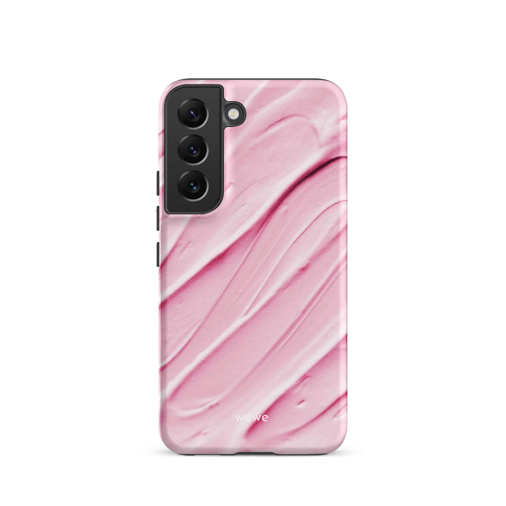 Custom samsung galaxy s22 Phone case with a close-up, macro photo of a textured, light pink and white liquid swirl pattern.
