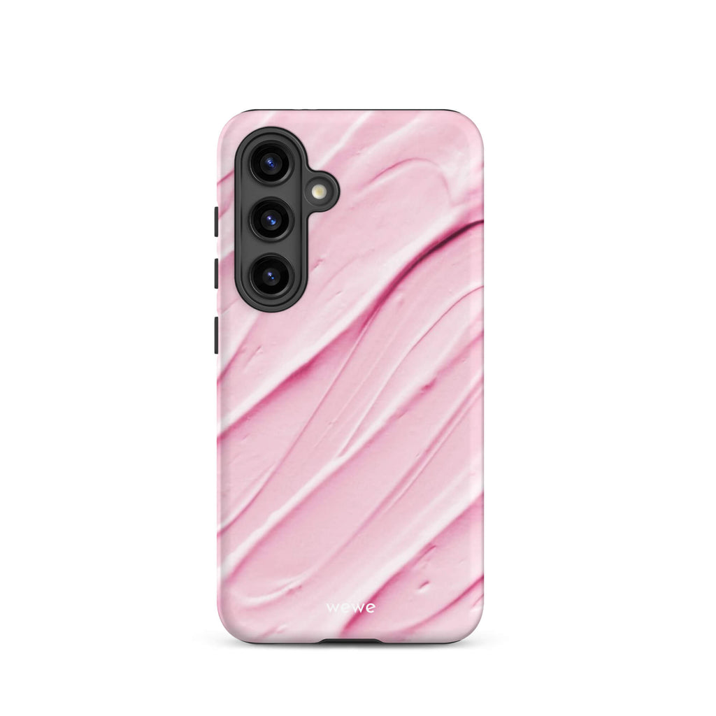 Custom samsung galaxy s24 Phone case with a close-up, macro photo of a textured, light pink and white liquid swirl pattern.