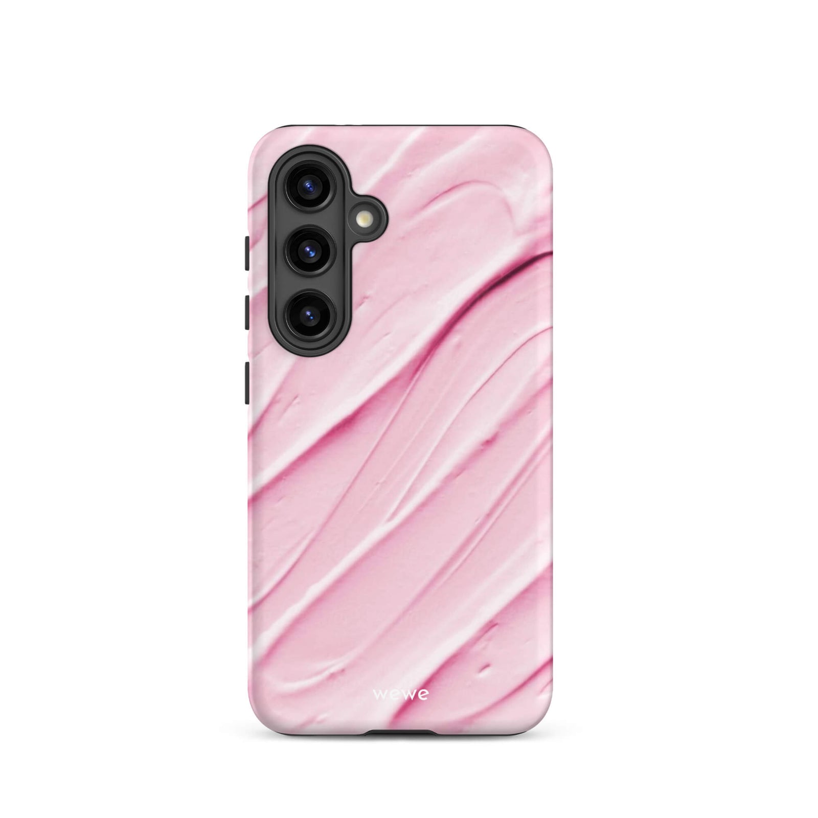 Custom samsung galaxy s24 Phone case with a close-up, macro photo of a textured, light pink and white liquid swirl pattern.