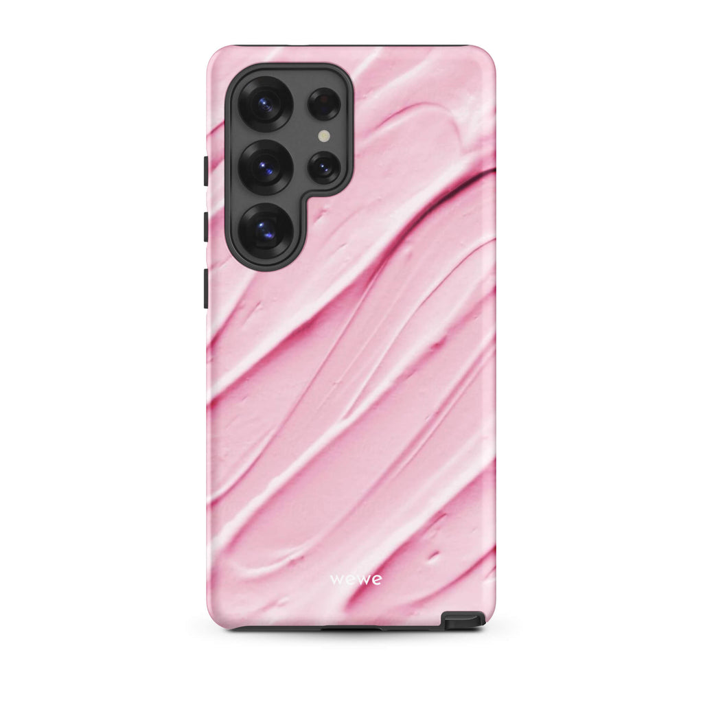 Custom samsung galaxy s25 ultra Phone case with a close-up, macro photo of a textured, light pink and white liquid swirl pattern.