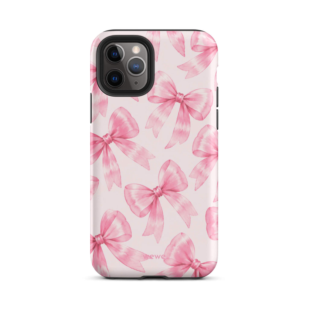 Pink Watercolor Bow Phone Case featuring hand-painted rose-pink ribbons on a soft blush background