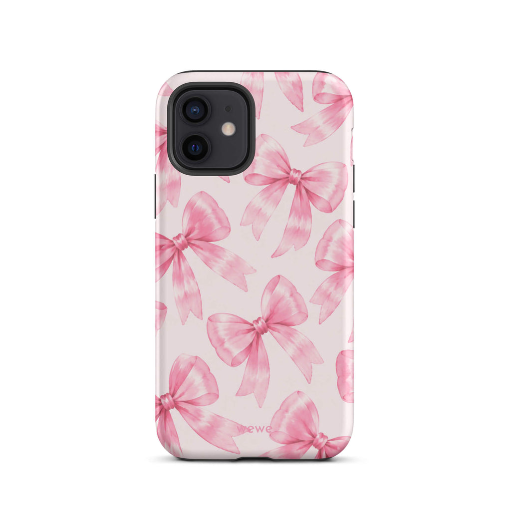 Pink Watercolor Bow Phone Case featuring hand-painted rose-pink ribbons on a soft blush background