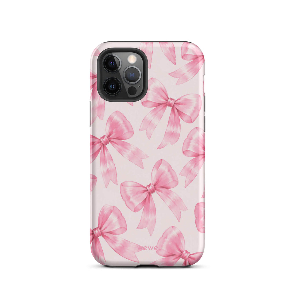 Pink Watercolor Bow Phone Case featuring hand-painted rose-pink ribbons on a soft blush background