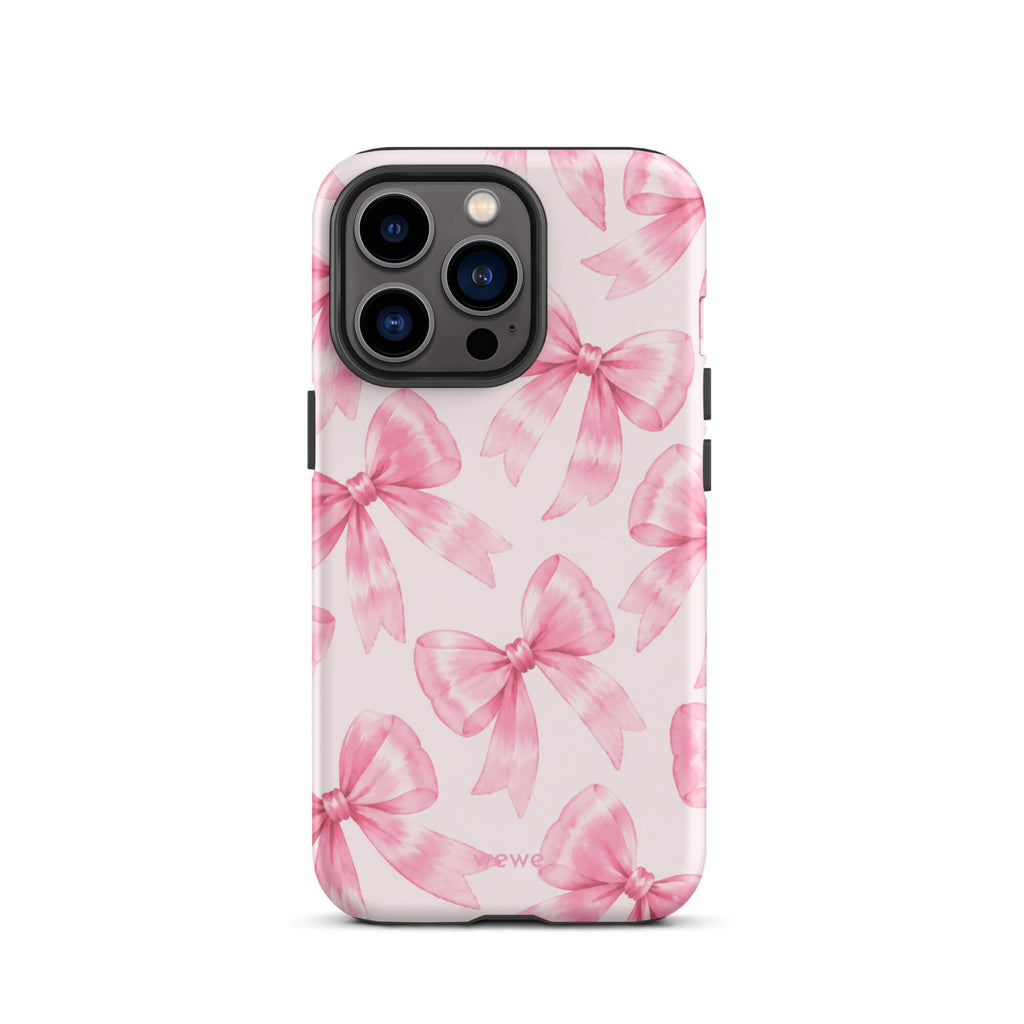 Pink Watercolor Bow Phone Case featuring hand-painted rose-pink ribbons on a soft blush background