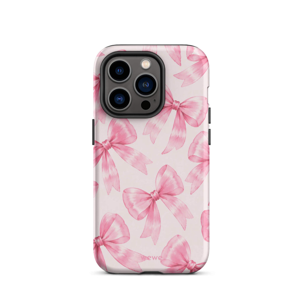 Pink Watercolor Bow Phone Case featuring hand-painted rose-pink ribbons on a soft blush background