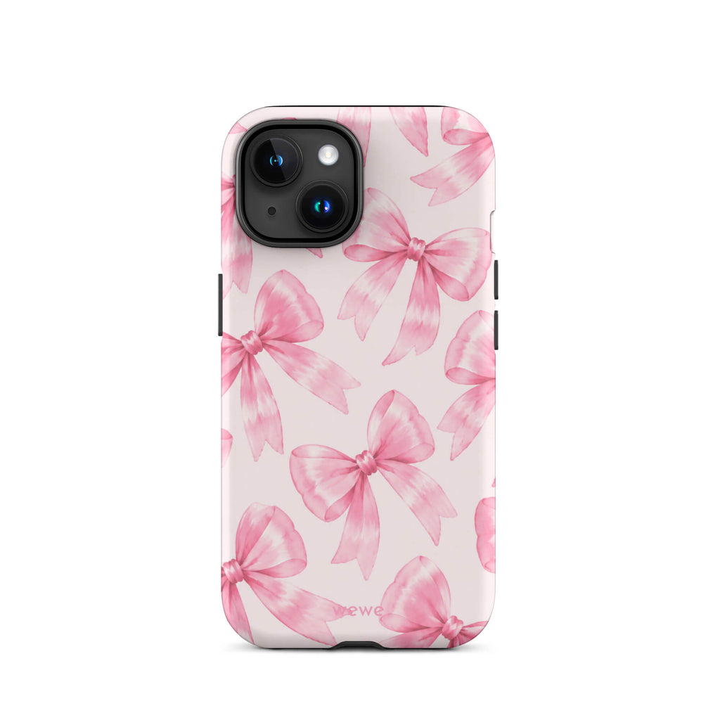 Pink Watercolor Bow Phone Case featuring hand-painted rose-pink ribbons on a soft blush background