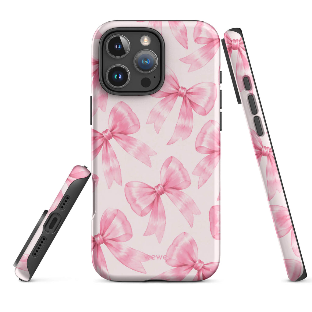 Pink Watercolor Bow Phone Case featuring hand-painted rose-pink ribbons on a soft blush background