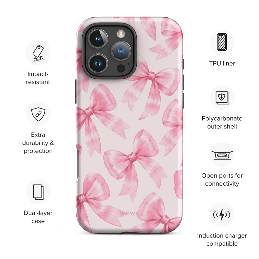 Pink Watercolor Bow Phone Case featuring hand-painted rose-pink ribbons on a soft blush background
