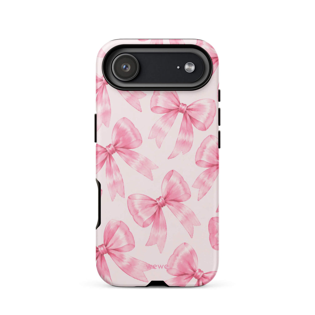 Pink Watercolor Bow Phone Case featuring hand-painted rose-pink ribbons on a soft blush background