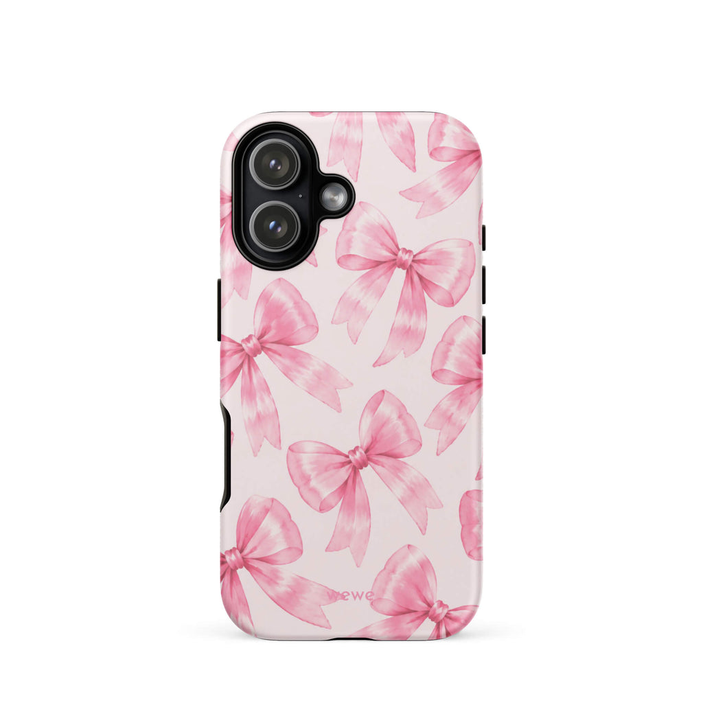 Pink Watercolor Bow Phone Case featuring hand-painted rose-pink ribbons on a soft blush background