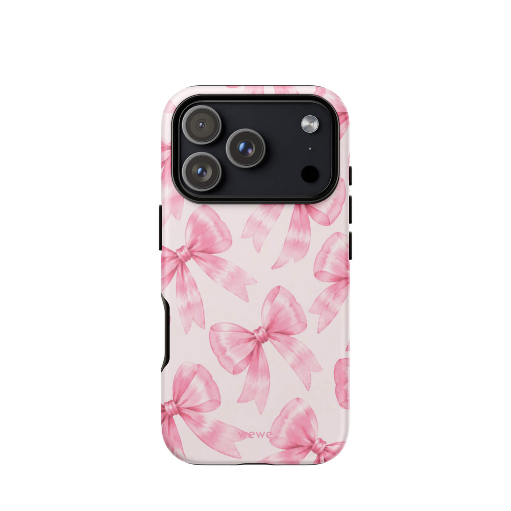 Pink Watercolor Bow Phone Case featuring hand-painted rose-pink ribbons on a soft blush background