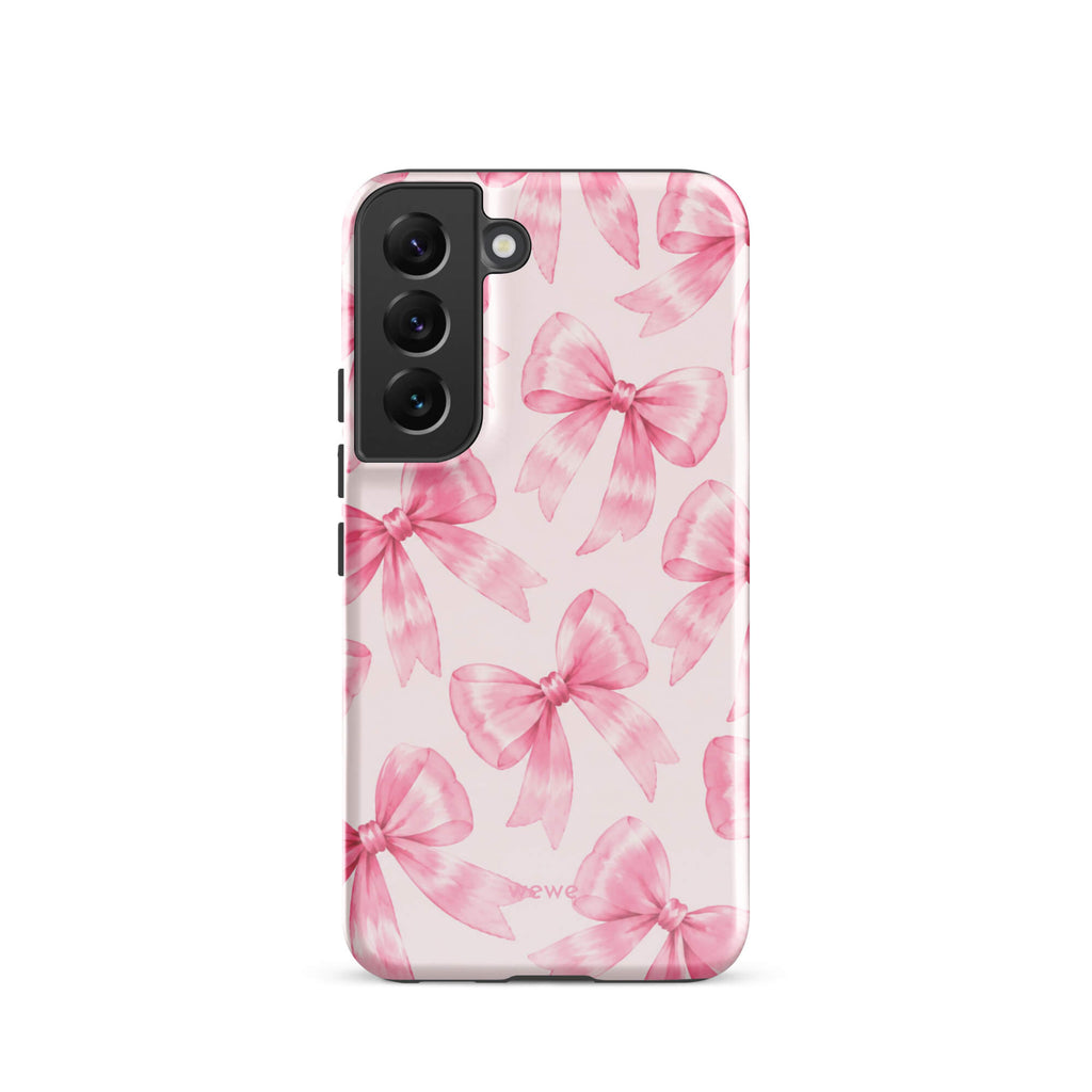 Pink Watercolor Bow Phone Case featuring hand-painted rose-pink ribbons on a soft blush background