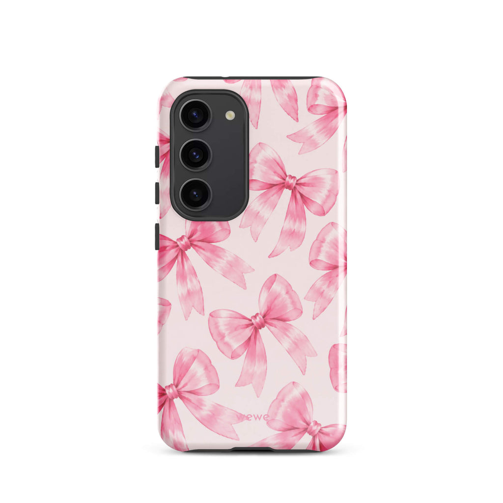 Pink Watercolor Bow Phone Case featuring hand-painted rose-pink ribbons on a soft blush background