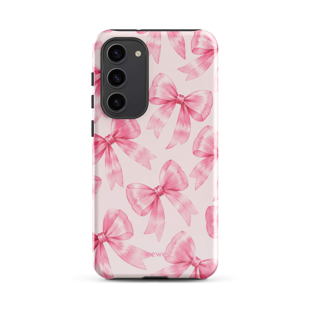 Pink Watercolor Bow Phone Case featuring hand-painted rose-pink ribbons on a soft blush background