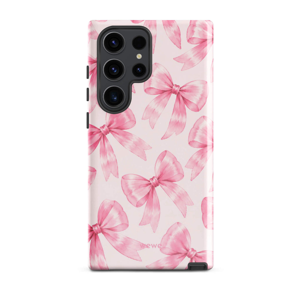 Pink Watercolor Bow Phone Case featuring hand-painted rose-pink ribbons on a soft blush background