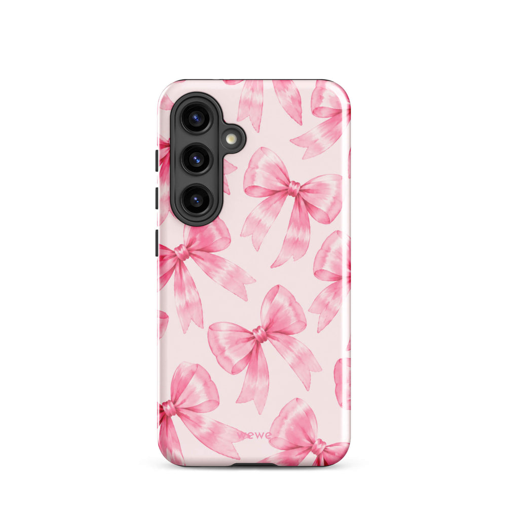 Pink Watercolor Bow Phone Case featuring hand-painted rose-pink ribbons on a soft blush background
