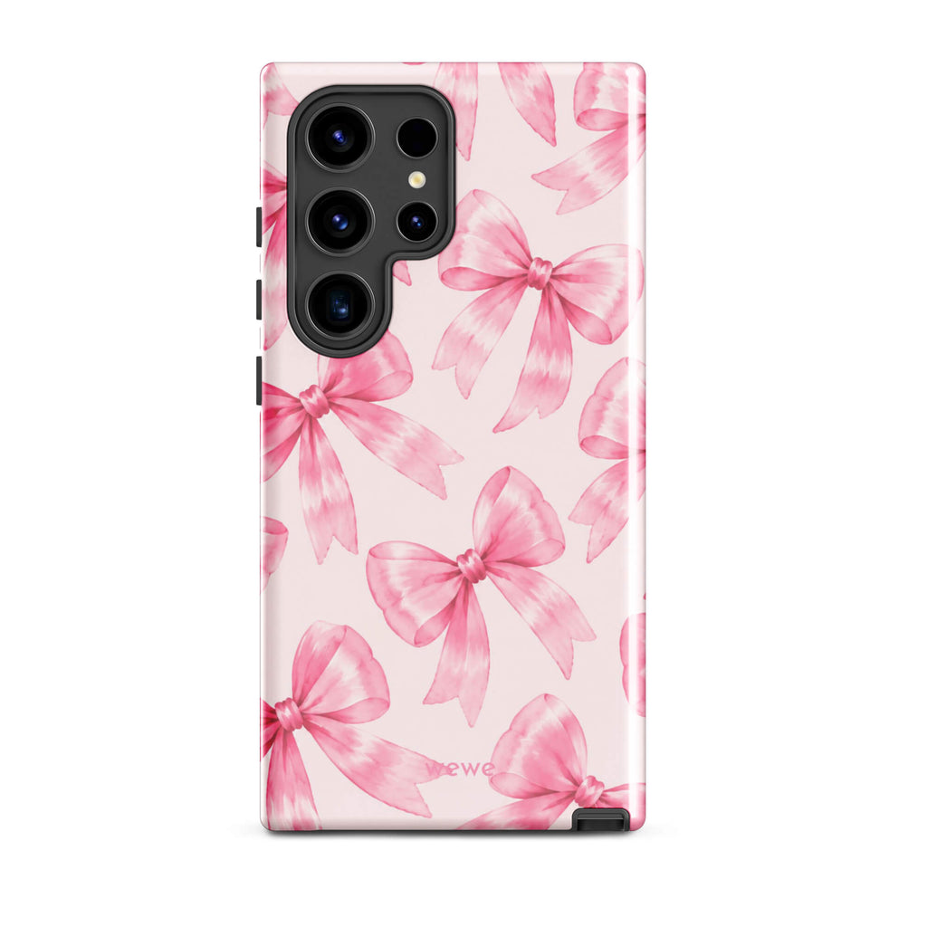 Pink Watercolor Bow Phone Case featuring hand-painted rose-pink ribbons on a soft blush background