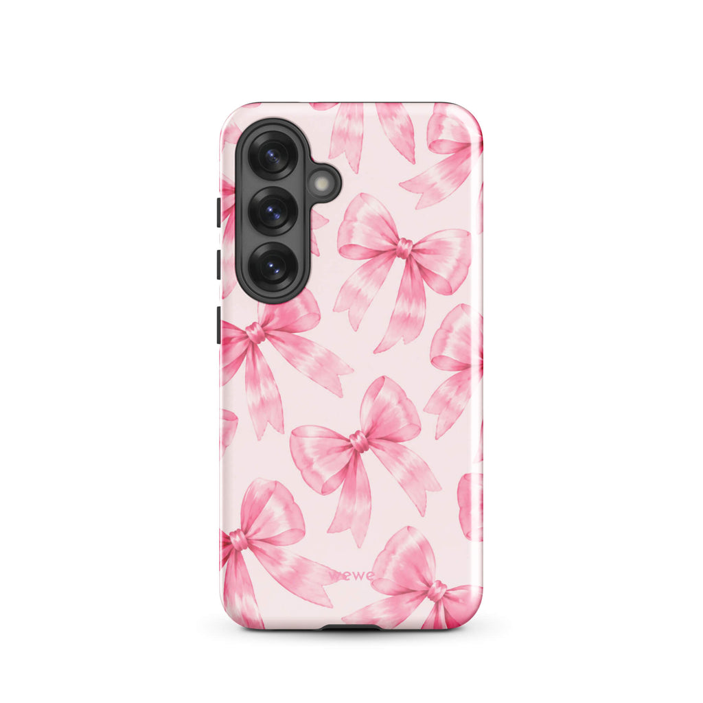 Pink Watercolor Bow Phone Case featuring hand-painted rose-pink ribbons on a soft blush background