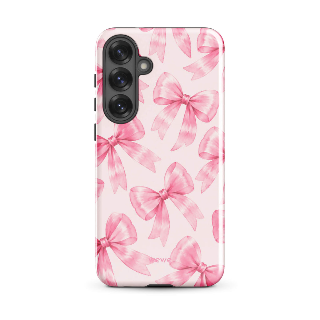 Pink Watercolor Bow Phone Case featuring hand-painted rose-pink ribbons on a soft blush background