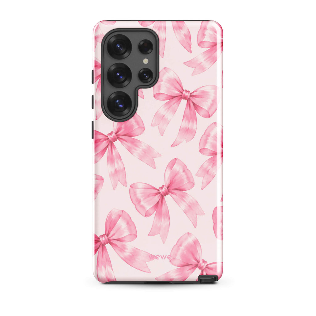 Pink Watercolor Bow Phone Case featuring hand-painted rose-pink ribbons on a soft blush background