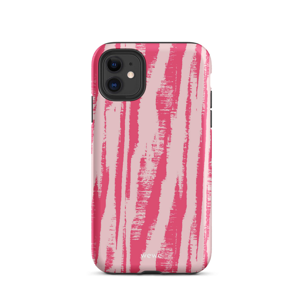 Custom iPhone case 11 with a  textured, painterly pink and light pink zebra pattern.