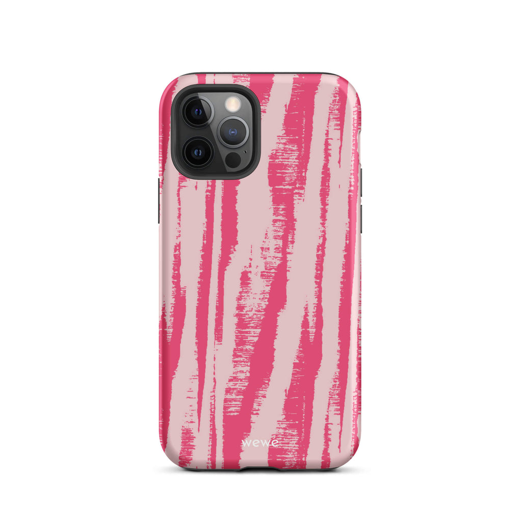 Custom iPhone case 12 pro with a  textured, painterly pink and light pink zebra pattern.