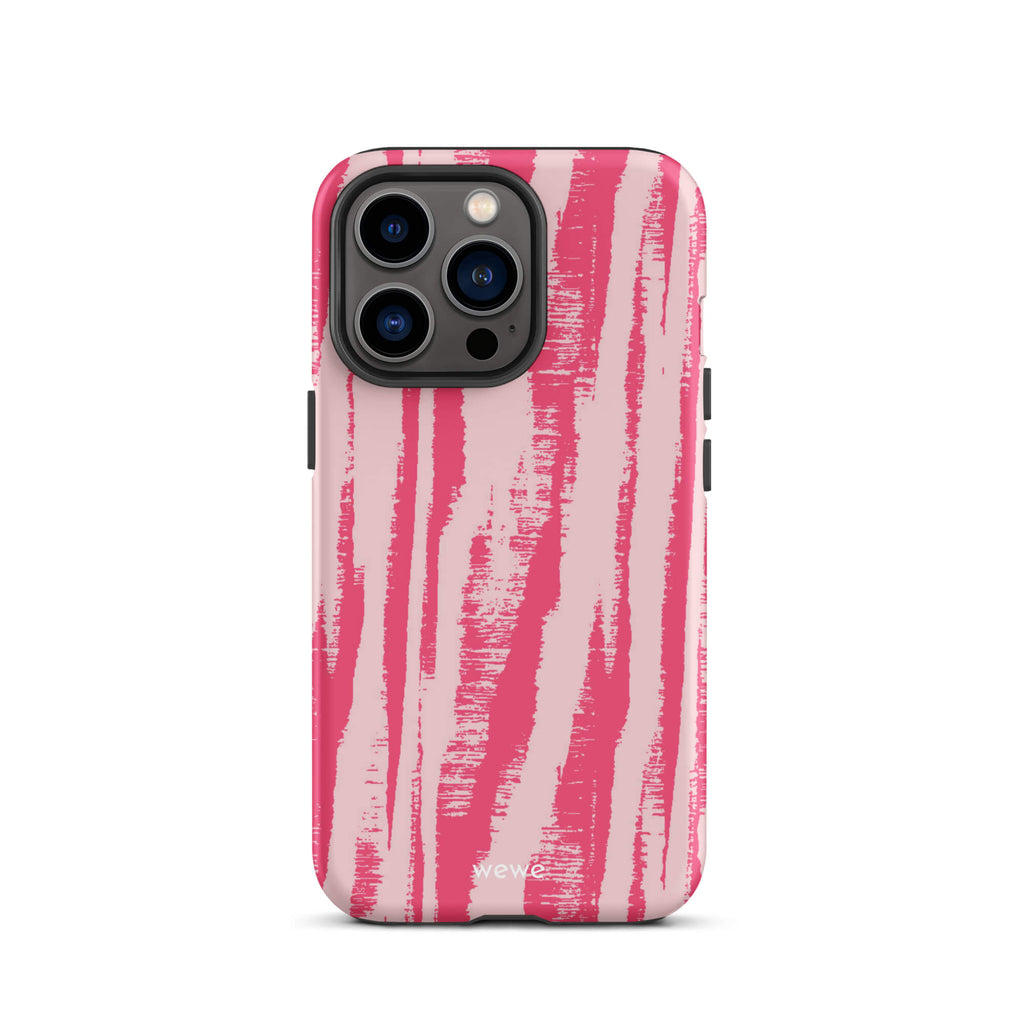 Custom iPhone case 13 pro with a  textured, painterly pink and light pink zebra pattern.